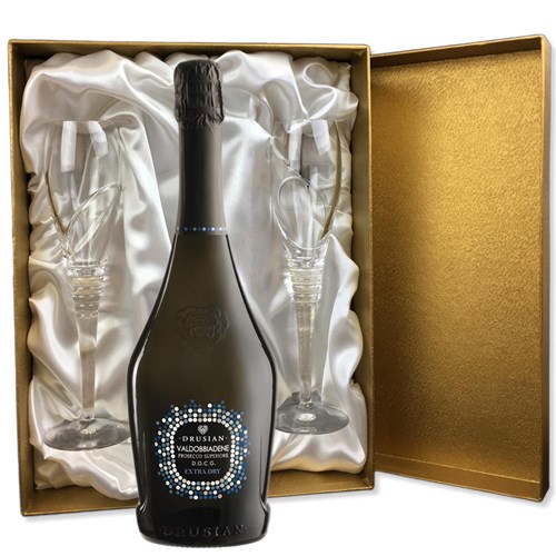Drusian Valdobbiadene Prosecco Superiore D.O.C.G. Extra Dry 75cl in Gold Luxury Presentation Set With Flutes